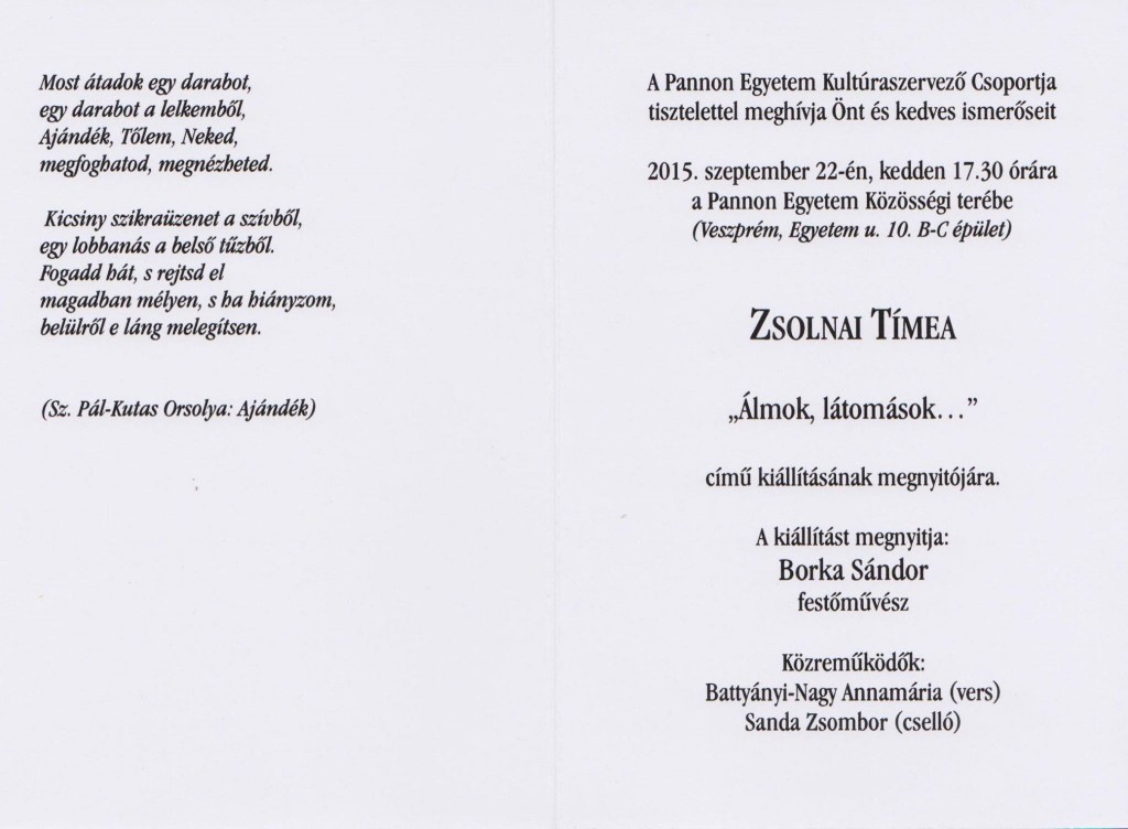 Meghívó Zsolnai Timi kiállítás 2015.09.22